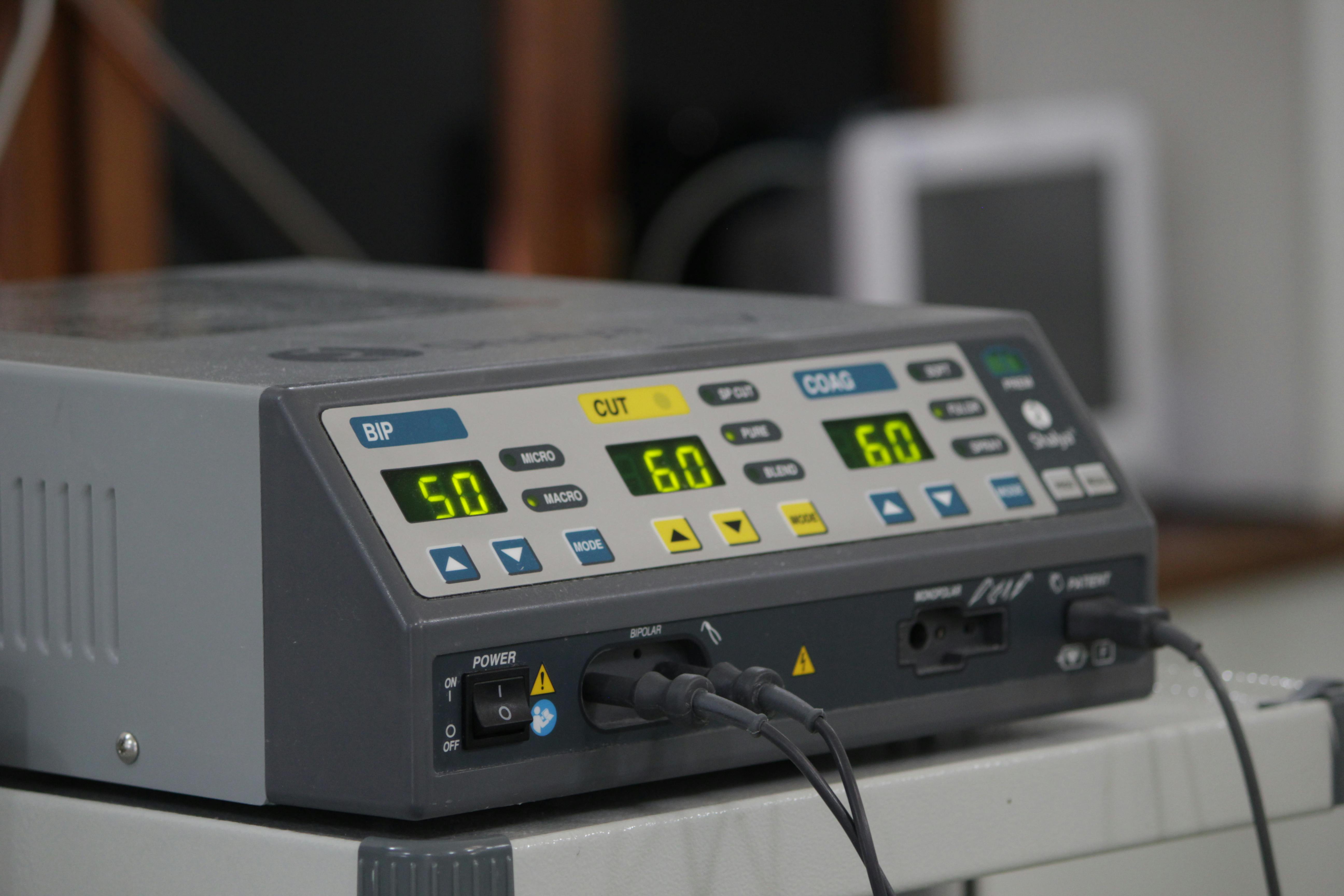 A close-up view of a medical electrosurgical generator used in surgical procedures